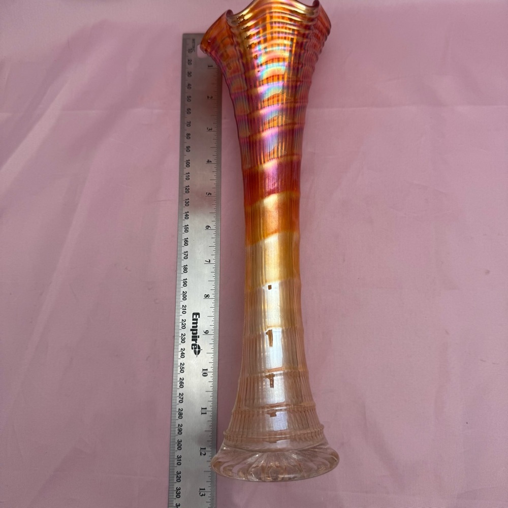 VTG Carnival Glass Swung Vase Marigold Iridescent Ribbed 12” - Picture 9 of 10